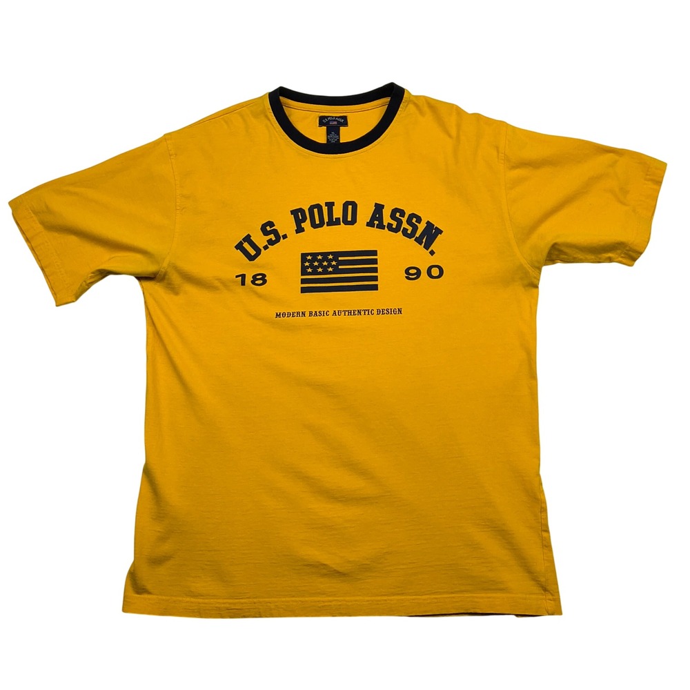 US Polo Assn Mens XL Yellow Graphic T-Shirt Ringer Crew Neck Short Sleeve Cotton